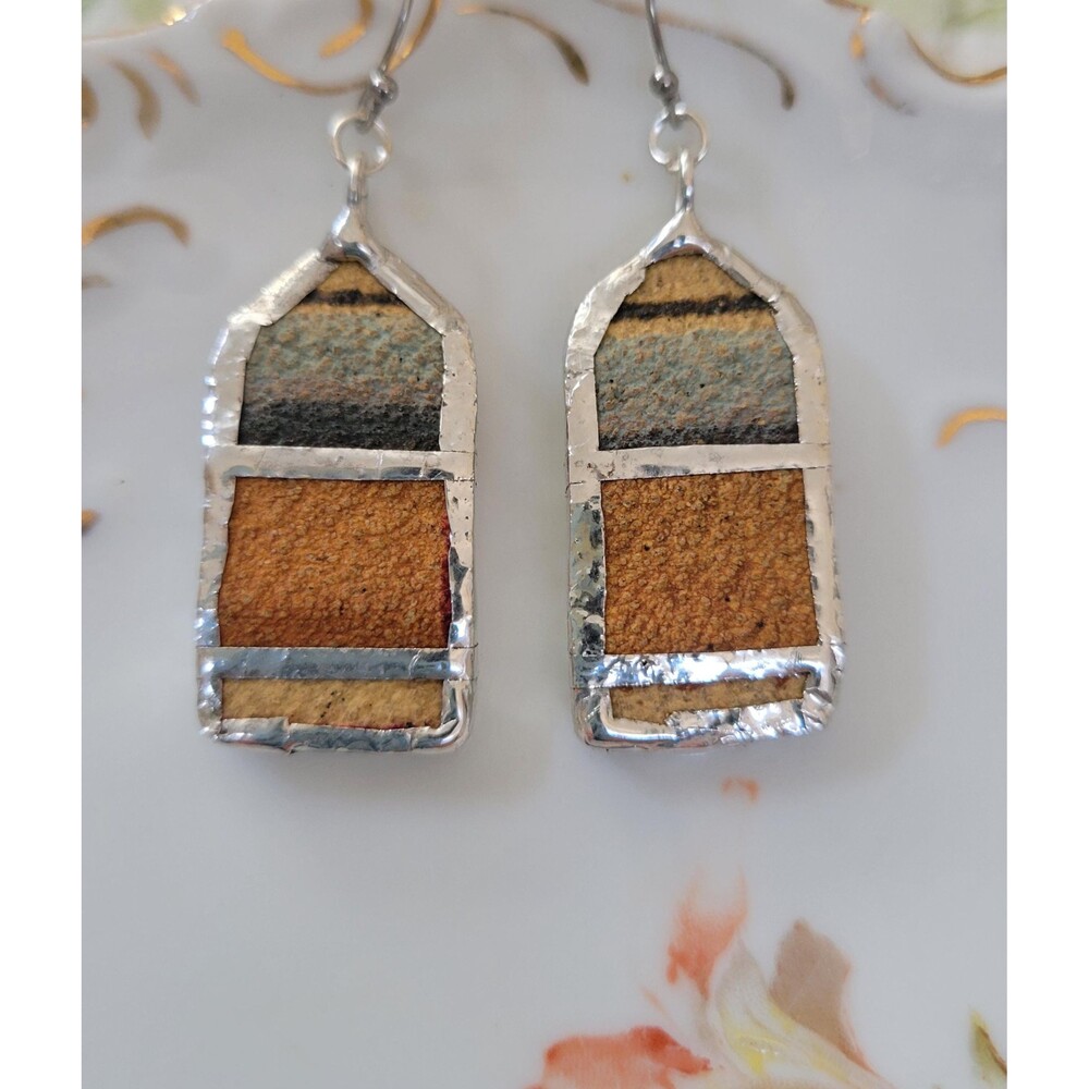 Upcycled Pottery Shard Earrings Hand Soldered Boho Geometric Drop Dangle Jewelry